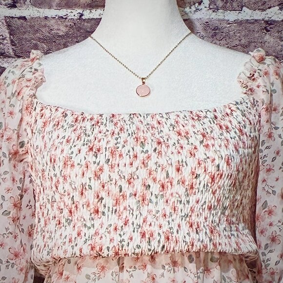 TEMOFON FLORAL SMOCKED SQUARE NECK BUBBLE SLEEVE TIERED MIDI DRESS MEDIUM - Picture 4 of 11